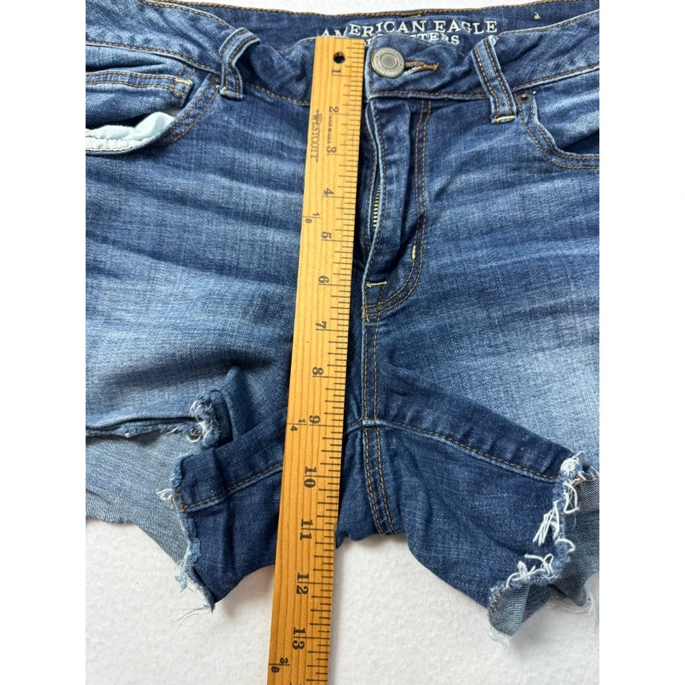 Boho American Eagle Women 12 Shortie Shorts Dark Wash Super Stretch Raw Hem